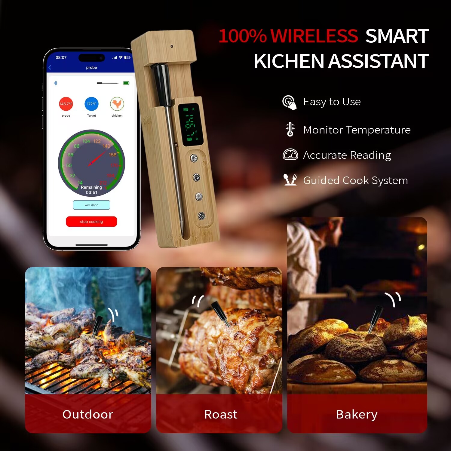 Kitchen Wireless Smart Food Thermometer Bbq Digital Bluetooth Meat Thermometer for Cooking(图5)